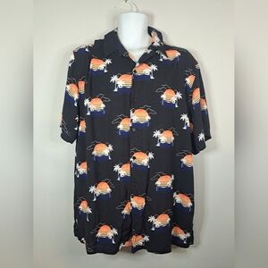No Boundaries Mens Button Down Shirt XL Black Sunset Hawaiian Miami Palm Trees